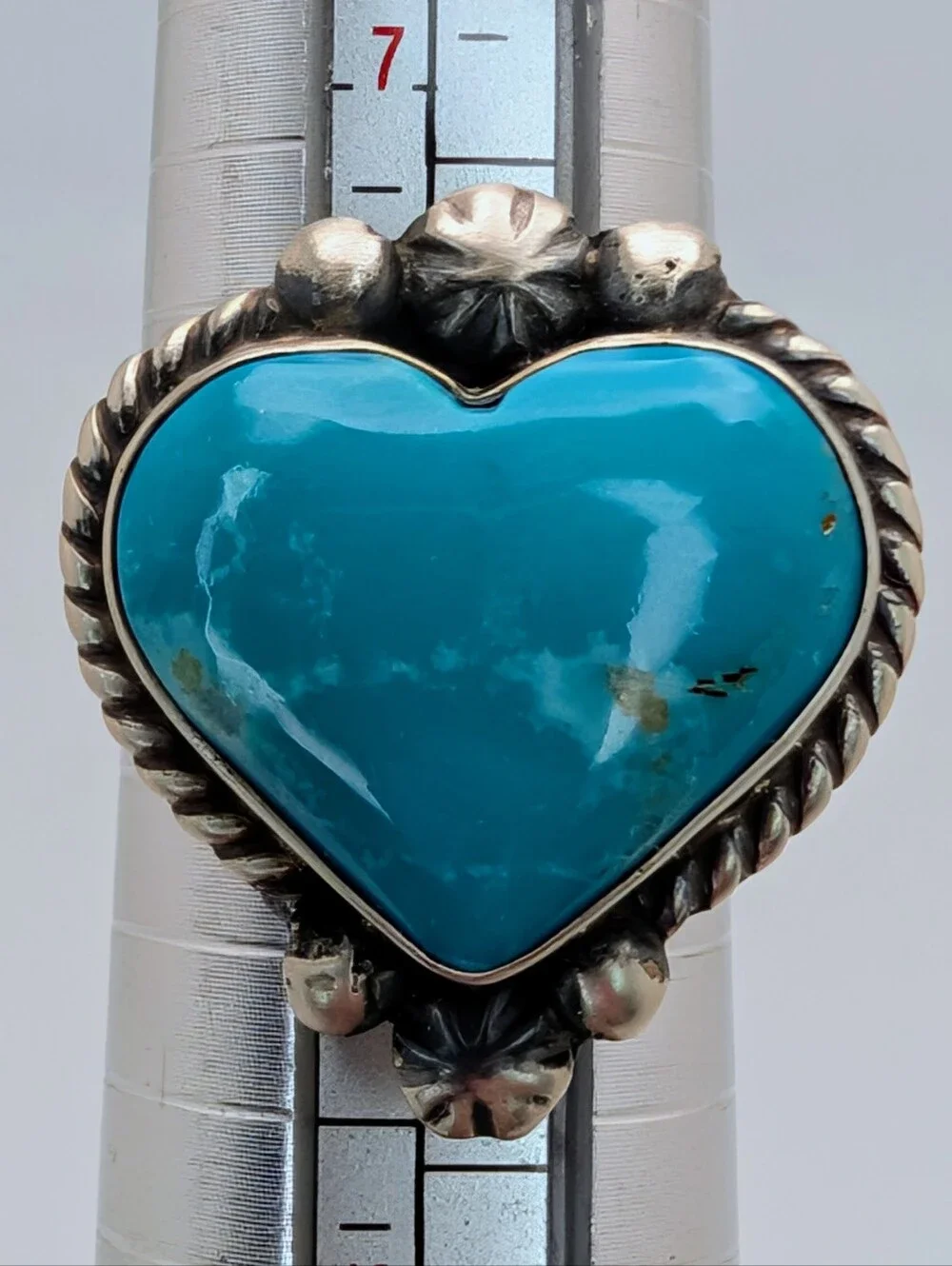 Kingman Turquoise Native Signed Adjustable Heart Ring S925 Sterling Silver
